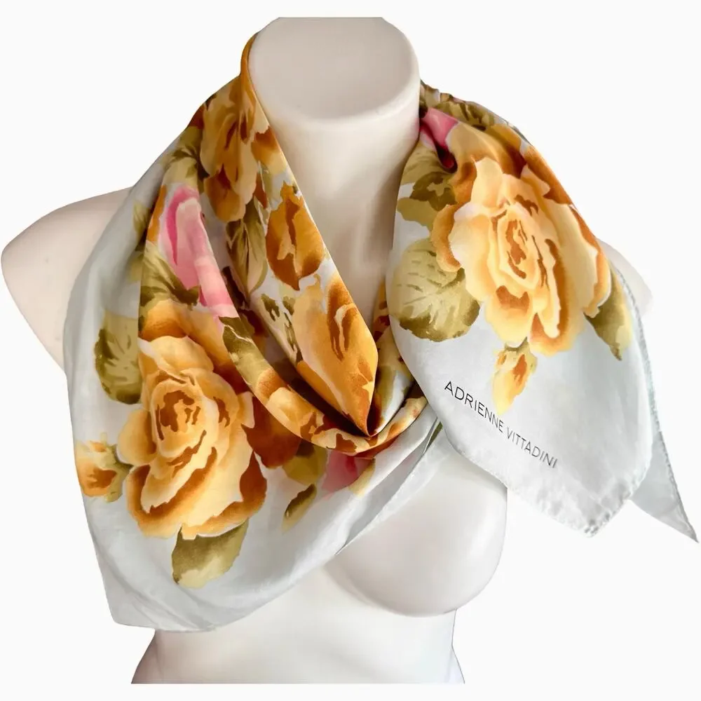 Vintage Adrienne Vittadini Silk Scarf 1990s Gold Pink Rose Floral 34 Square